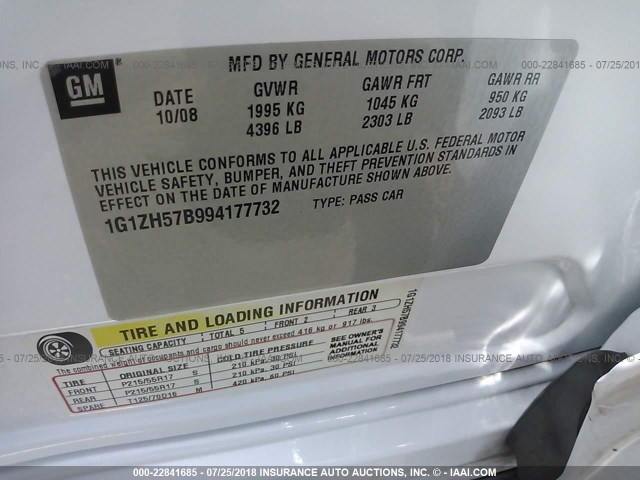 1G1ZH57B994177732 - 2009 CHEVROLET MALIBU 1LT თეთრი ფოტო 9