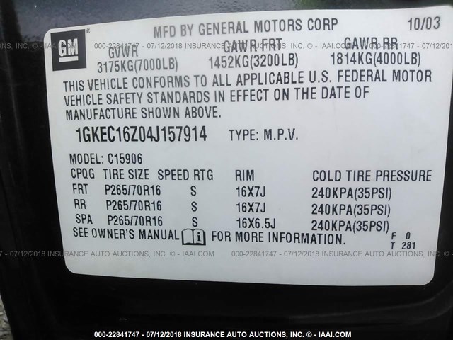 1GKEC16Z04J157914 - 2004 GMC YUKON XL C1500 BLACK photo 9