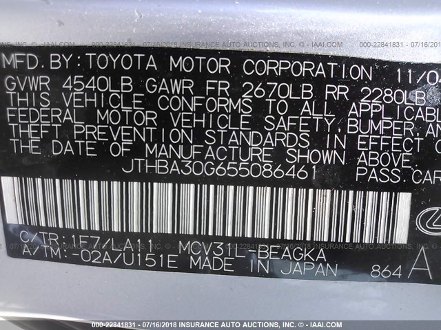 JTHBA30G655086461 - 2005 LEXUS ES 330 SILVER photo 9