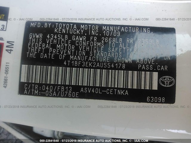 4T1BF3EK2AU554178 - 2010 TOYOTA CAMRY SE/LE/XLE თეთრი ფოტო 9