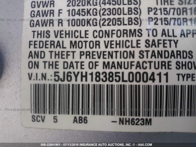 5J6YH18385L000411 - 2005 HONDA ELEMENT LX SILVER photo 9