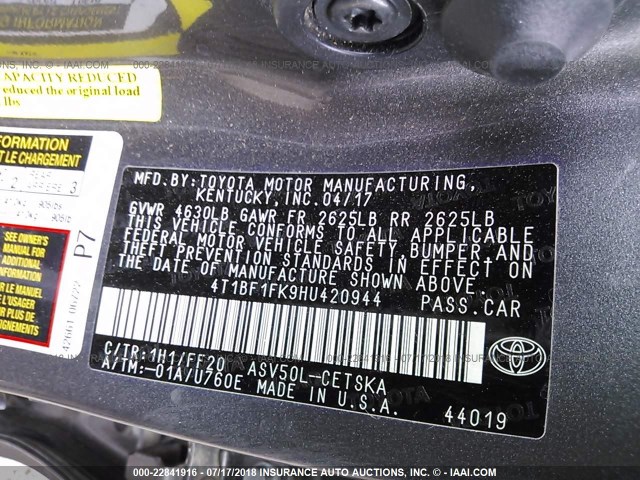 4T1BF1FK9HU420944 - 2017 TOYOTA CAMRY LE/XLE/SE/XSE 灰色 照片 9