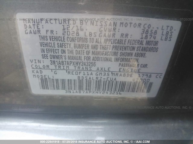 3N1AB7APXHY243256 - 2017 NISSAN SENTRA S/SV/SR/SL GRAY photo 9