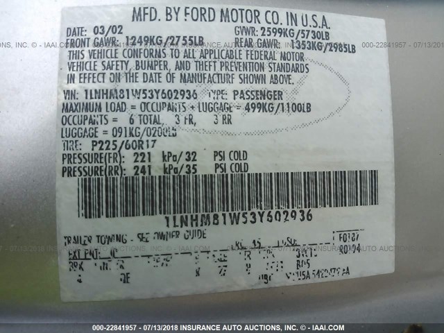 1LNHM81W53Y602936 - 2003 LINCOLN TOWN CAR EXECUTIVE Серебристый фото 9