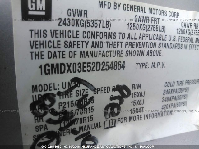 1GMDX03E52D254864 - 2002 PONTIAC MONTANA SILVER photo 9