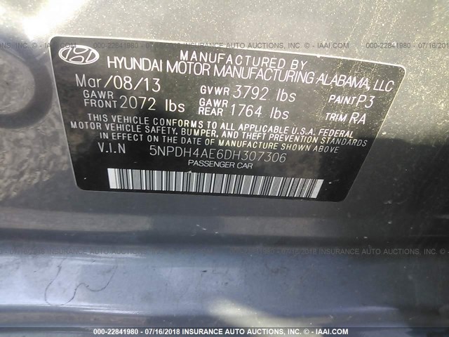 5NPDH4AE6DH307306 - 2013 HYUNDAI ELANTRA GLS/LIMITED GRAY photo 9