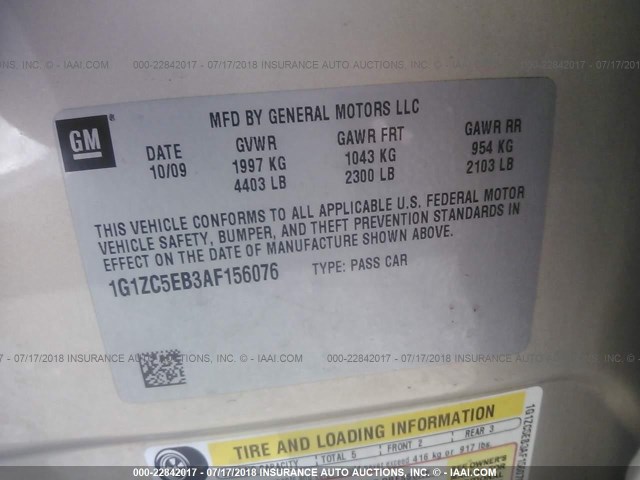 1G1ZC5EB3AF156076 - 2010 CHEVROLET MALIBU 1LT GOLD photo 9