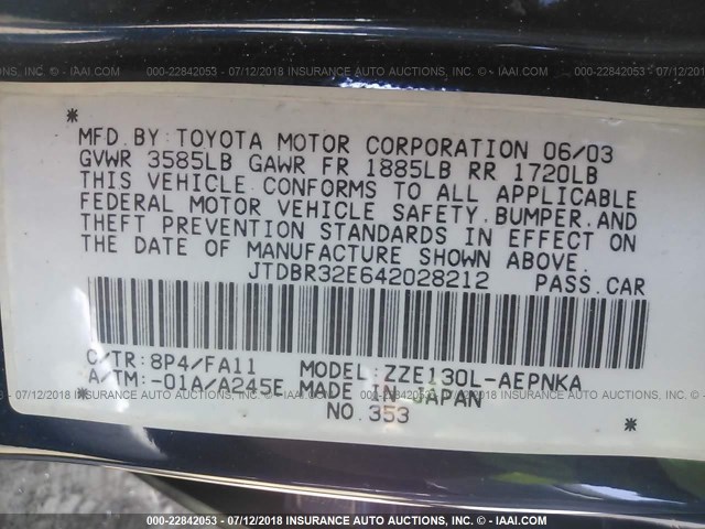 JTDBR32E642028212 - 2004 TOYOTA COROLLA CE/LE BLUE photo 9