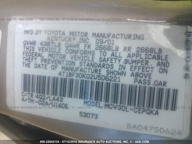 4T1BF30K02U506221 - 2002 TOYOTA CAMRY LE/XLE/SE ოქროსფერი ფოტო 9