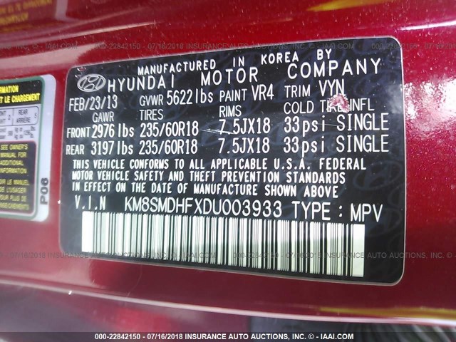 KM8SMDHFXDU003933 - 2013 HYUNDAI SANTA FE GLS/LIMITED RED photo 9