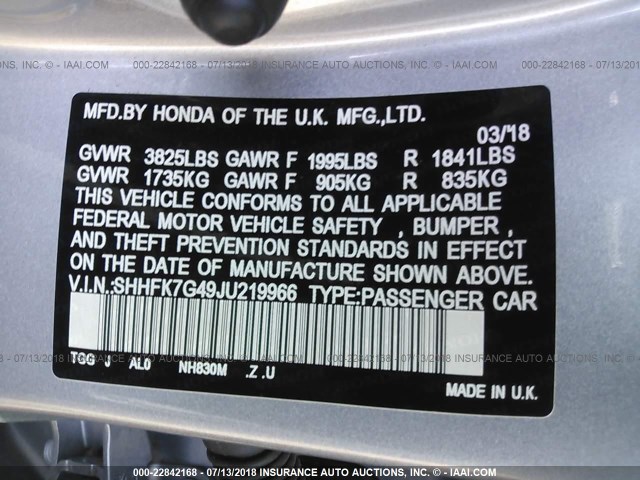 SHHFK7G49JU219966 - 2018 HONDA CIVIC SPORT 银色 照片 9