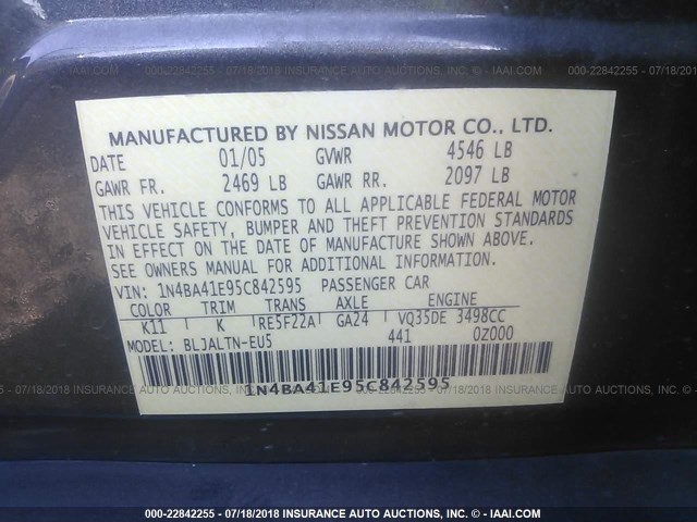 1N4BA41E95C842595 - 2005 NISSAN MAXIMA SE/SL GRAY photo 9