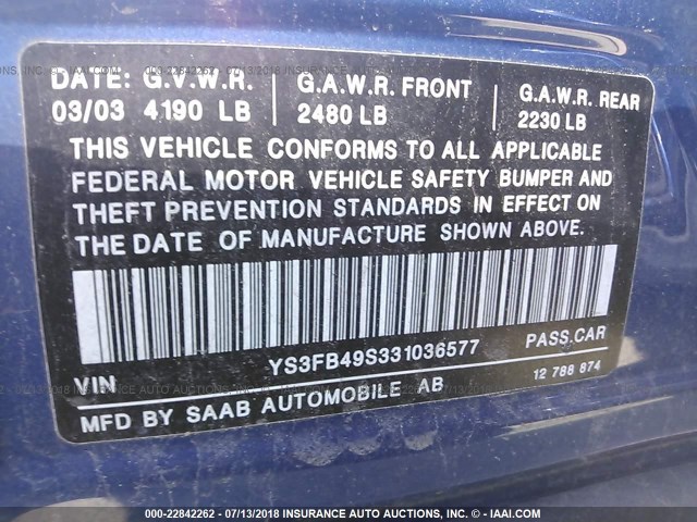 YS3FB49S331036577 - 2003 SAAB 9-3 LINEAR BLUE photo 9