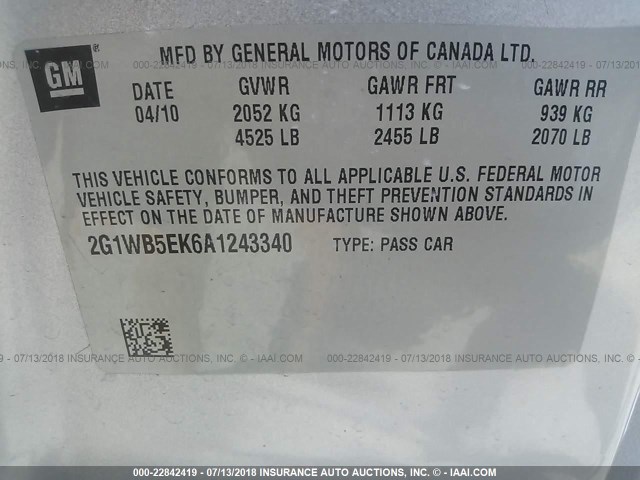 2G1WB5EK6A1243340 - 2010 CHEVROLET IMPALA LT SILVER photo 9