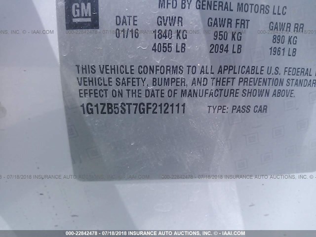 1G1ZB5ST7GF212111 - 2016 CHEVROLET MALIBU LS თეთრი ფოტო 9