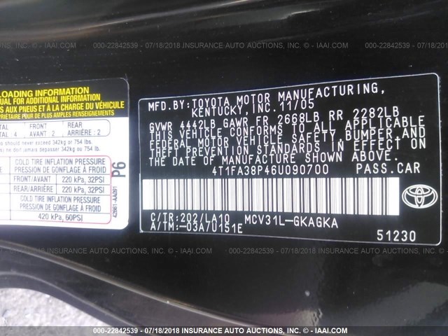 4T1FA38P46U090700 - 2006 TOYOTA CAMRY SOLARA SE/SLE შავი ფოტო 9