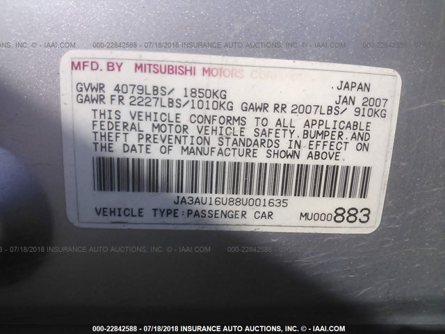 JA3AU16U88U001635 - 2008 MITSUBISHI LANCER DE SILVER photo 9