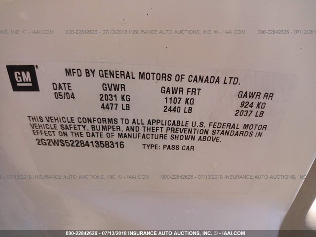 2G2WS522841358316 - 2004 PONTIAC GRAND PRIX GT2 თეთრი ფოტო 9