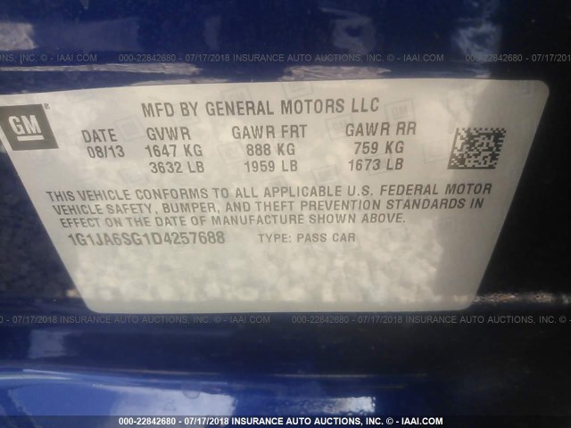 1G1JA6SG1D4257688 - 2013 CHEVROLET SONIC LS 蓝色 照片 9