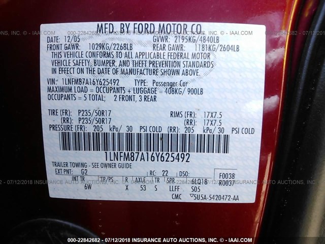 1LNFM87A16Y625492 - 2006 LINCOLN LS 勃艮第红 照片 9