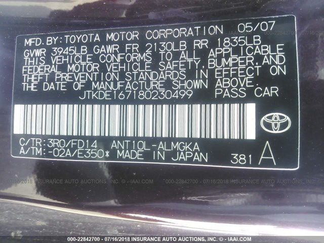 JTKDE167180230499 - 2008 TOYOTA SCION TC 紫色 照片 9