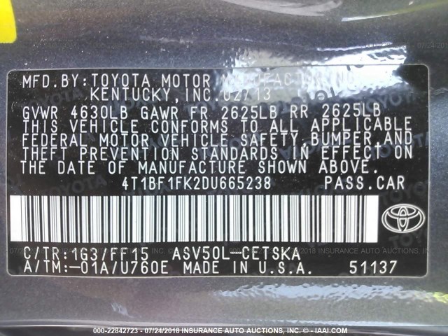 4T1BF1FK2DU665238 - 2013 TOYOTA CAMRY L/SE/LE/XLE 灰色 照片 9