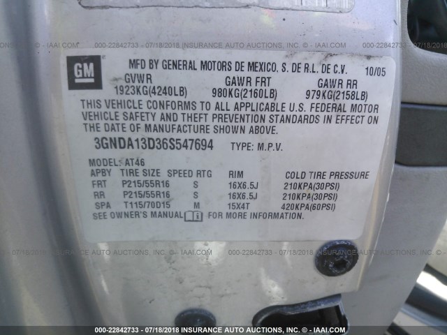 3GNDA13D36S547694 - 2006 CHEVROLET HHR LS SILVER photo 9