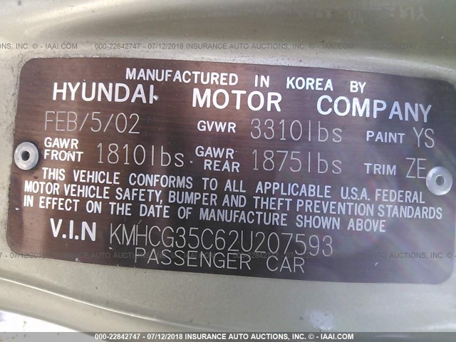 KMHCG35C62U207593 - 2002 HYUNDAI ACCENT GS GOLD photo 9