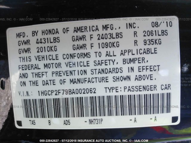 1HGCP2F79BA002062 - 2011 HONDA ACCORD EX BLACK photo 9