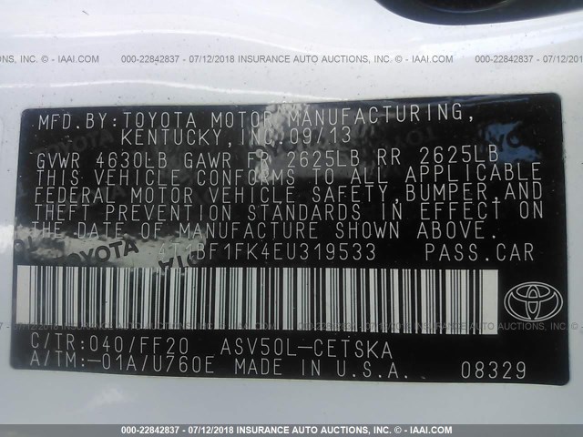 4T1BF1FK4EU319533 - 2014 TOYOTA CAMRY L/SE/LE/XLE 白色 照片 9