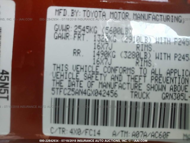 5TFCZ5AN4GX042456 - 2016 TOYOTA TACOMA DBL CAB/SR/SR5/TRD SPT/OR ORANGE photo 9