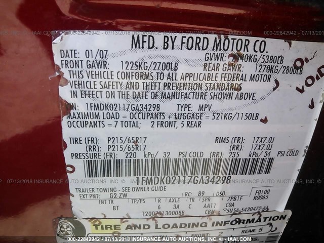 1FMDK02117GA34298 - 2007 FORD FREESTYLE SEL RED photo 9