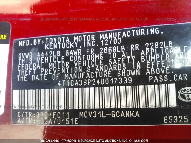 4T1CA38P24U017339 - 2004 TOYOTA CAMRY SOLARA SE/SLE RED photo 9