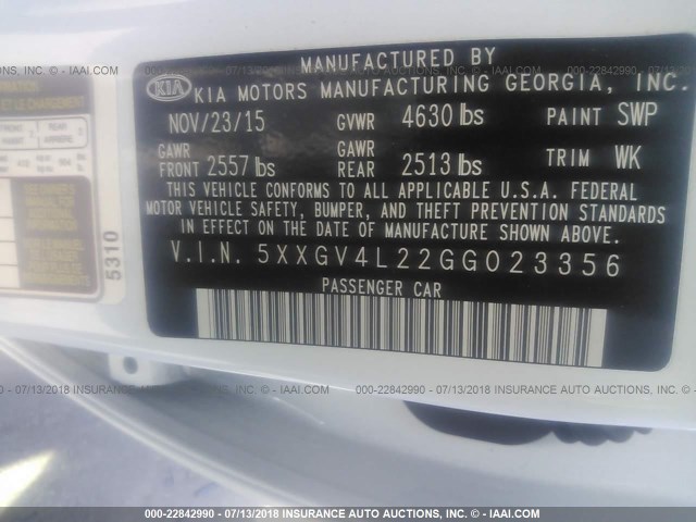 5XXGV4L22GG023356 - 2016 KIA OPTIMA SXL WHITE photo 9