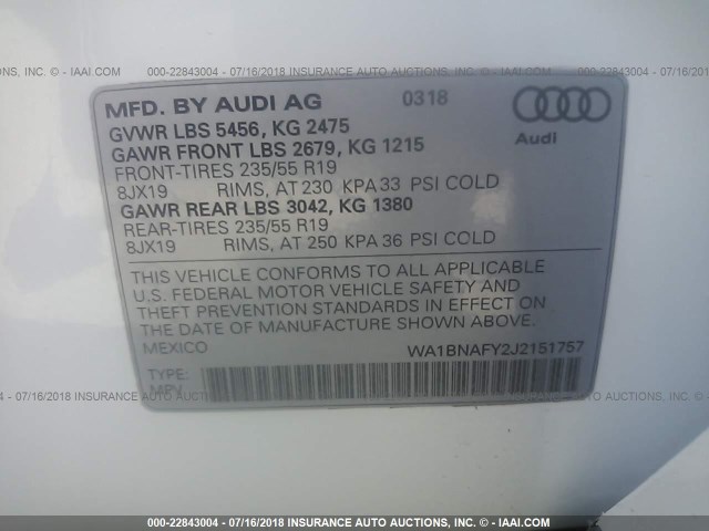 WA1BNAFY2J2151757 - 2018 AUDI Q5 PREMIUM PLUS WHITE photo 9