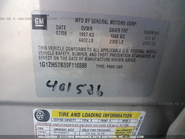 1G1ZH57B39F116588 - 2009 CHEVROLET MALIBU 1LT TAN photo 9