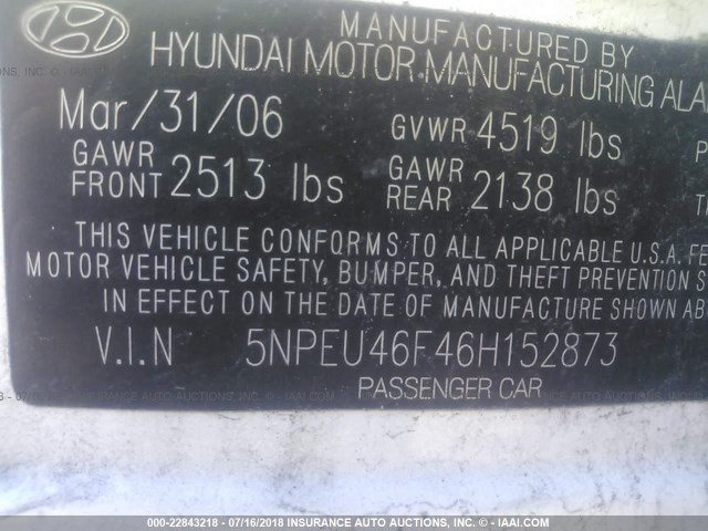 5NPEU46F46H152873 - 2006 HYUNDAI SONATA GLS/LX WHITE photo 9