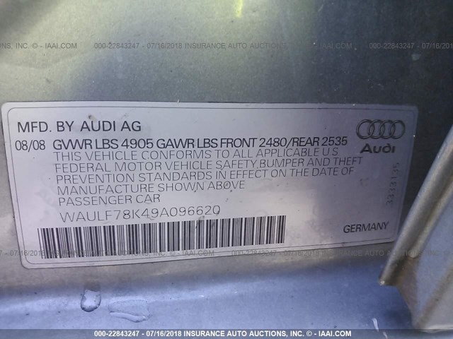 WAULF78K49A096620 - 2009 AUDI A4 2.0T QUATTRO SILVER photo 9