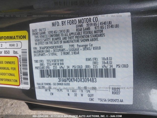 3FA6P0K94DR309483 - 2013 FORD FUSION TITANIUM GRAY photo 9