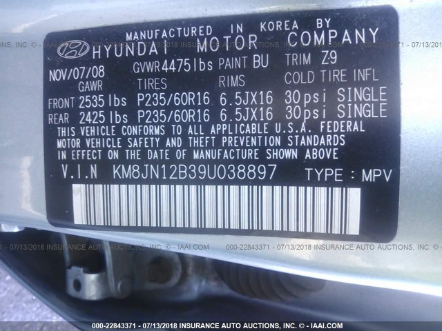 KM8JN12B39U038897 - 2009 HYUNDAI TUCSON SE/LIMITED Light Blue photo 9