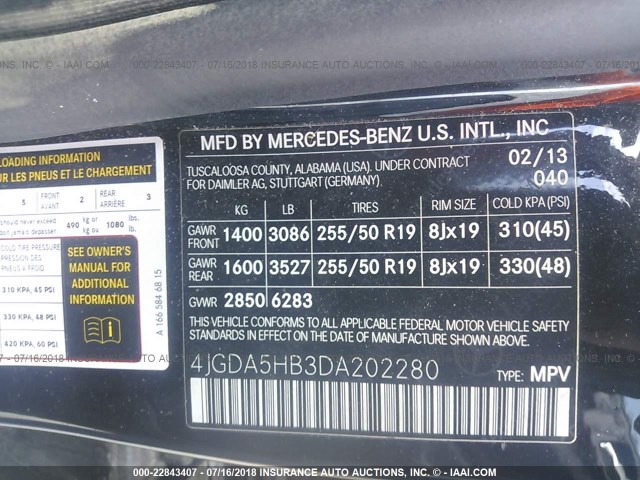 4JGDA5HB3DA202280 - 2013 MERCEDES-BENZ ML 350 4MATIC BLACK photo 9