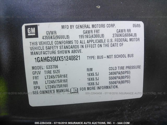 1GAHG39UX51240821 - 2005 CHEVROLET EXPRESS G3500  GRAY photo 9