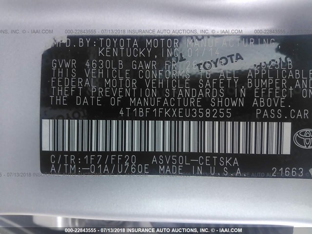 4T1BF1FKXEU358255 - 2014 TOYOTA CAMRY L/SE/LE/XLE ვერცხლისფერი ფოტო 9