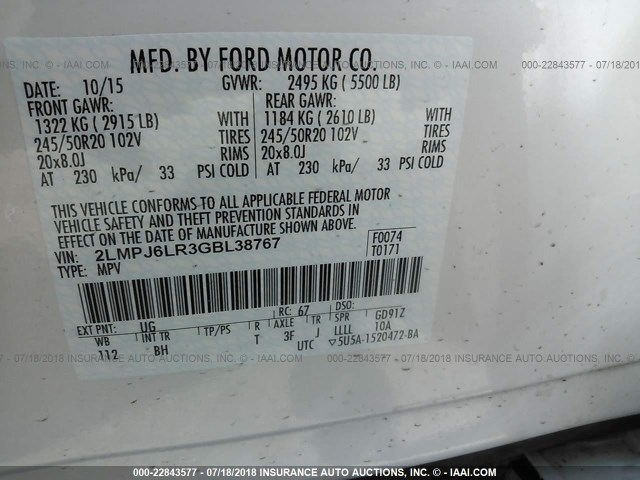 2LMPJ6LR3GBL38767 - 2016 LINCOLN MKX RESERVE Ağ foto 9