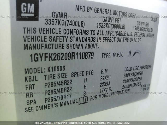 1GYFK26209R110879 - 2009 CADILLAC ESCALADE ESV LUXURY WHITE photo 9