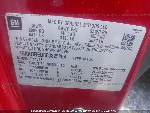 1GKKRRED8CJ325254 - 2012 GMC ACADIA SLT-1 BURGUNDY photo 9