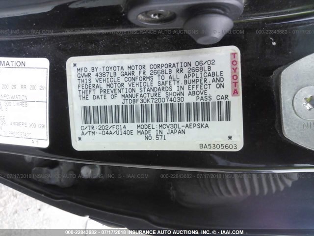JTDBF30K720074030 - 2002 TOYOTA CAMRY LE/XLE/SE Qara foto 9