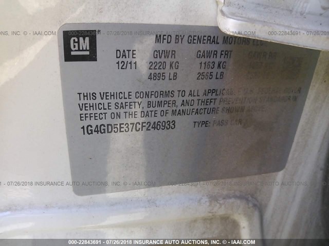 1G4GD5E37CF246933 - 2012 BUICK LACROSSE PREMIUM CREAM photo 9