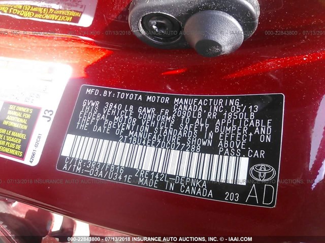 2T1BU4EE7DC077288 - 2013 TOYOTA COROLLA S/LE RED photo 9