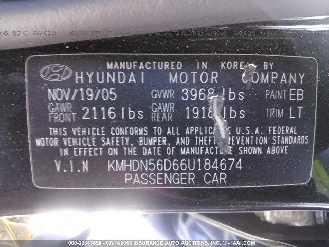 KMHDN56D66U184674 - 2006 HYUNDAI ELANTRA GLS/GT/LIMITED BLACK photo 9